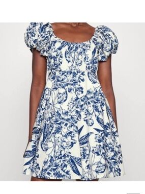 Abercrombie & Fitch Navy Pattern Ruched Puff Sleeve Mini Dress
